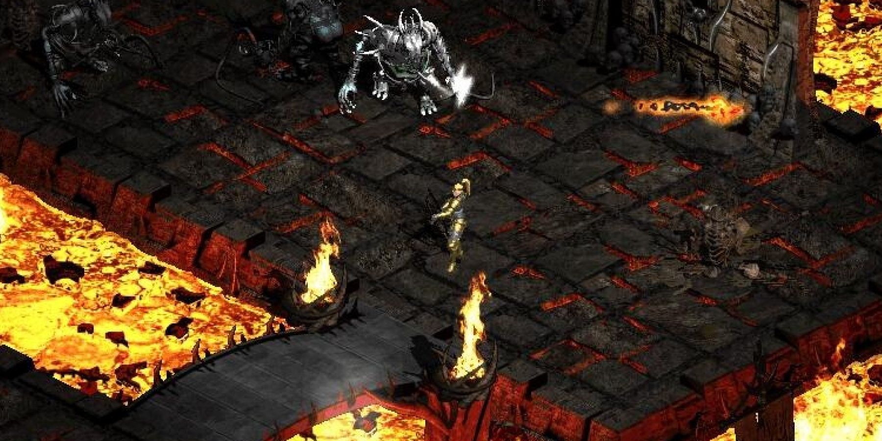 Diablo II gameplay with magma river and bridge