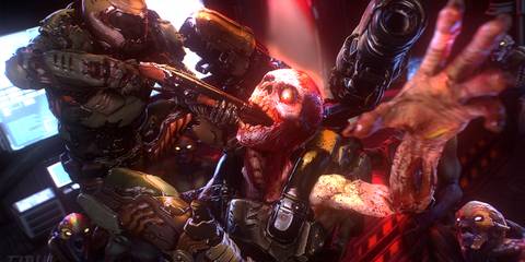 doom guy shoving weapon in creatures maw