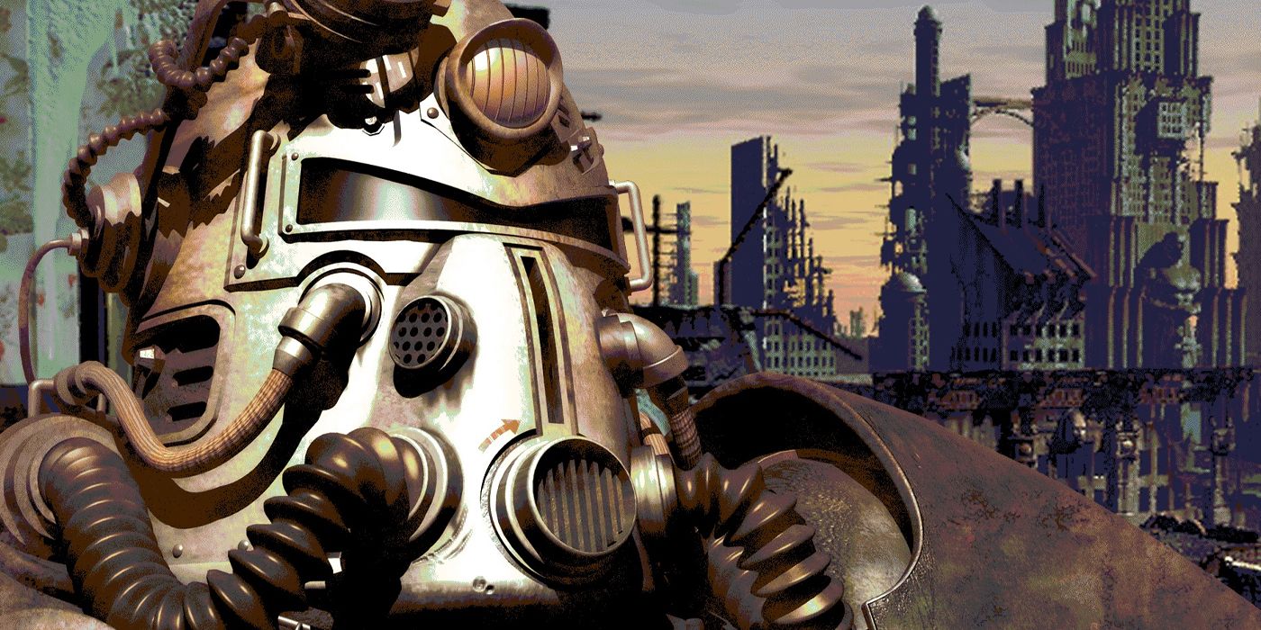 Power armor helmet with destroyed city in the background