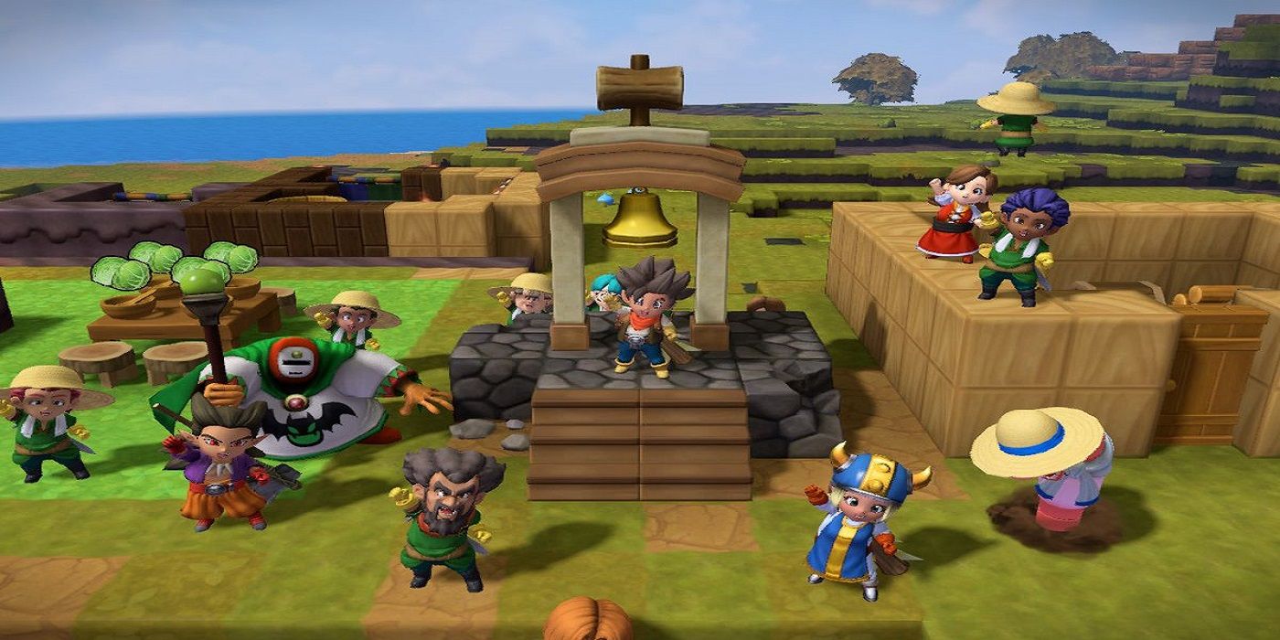 Dragon Quest Builders 2 townspeople gathered at square with bell