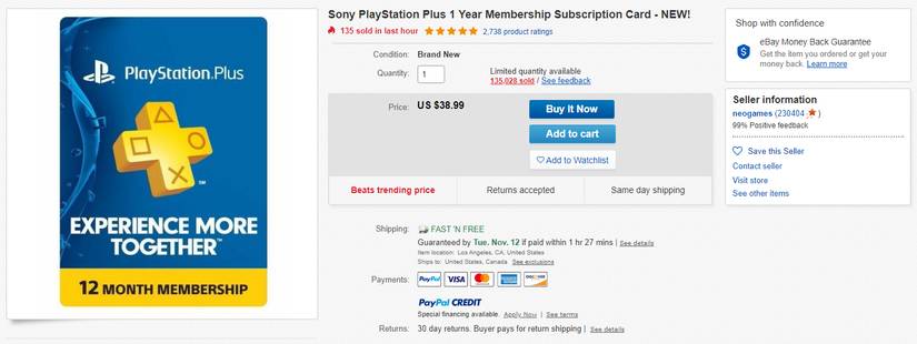 ebay playstation plus listing