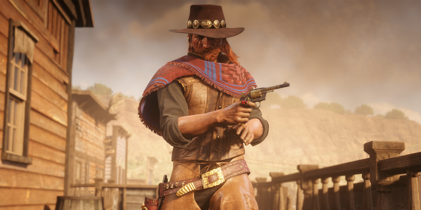cowboy character from red dead online in prieto poncho cosmetic item