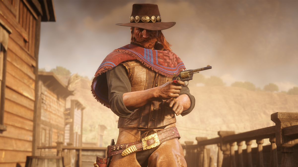 cowboy character from red dead online in prieto poncho cosmetic item