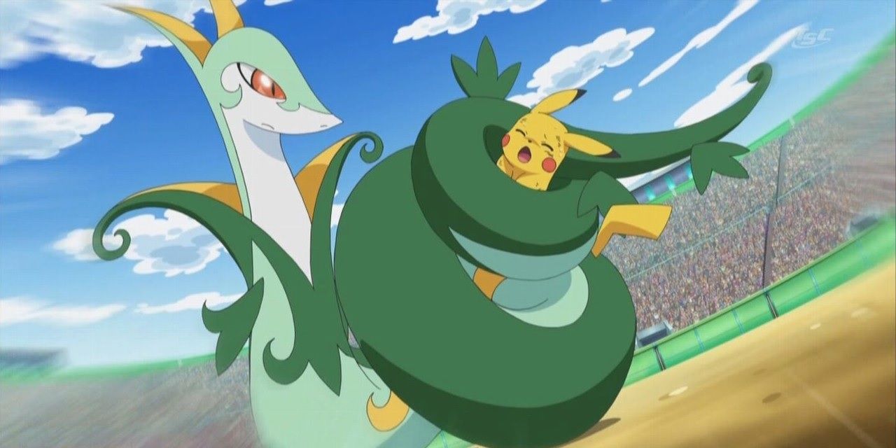 Serperior attacking Pikachu in the Pokemon anime.