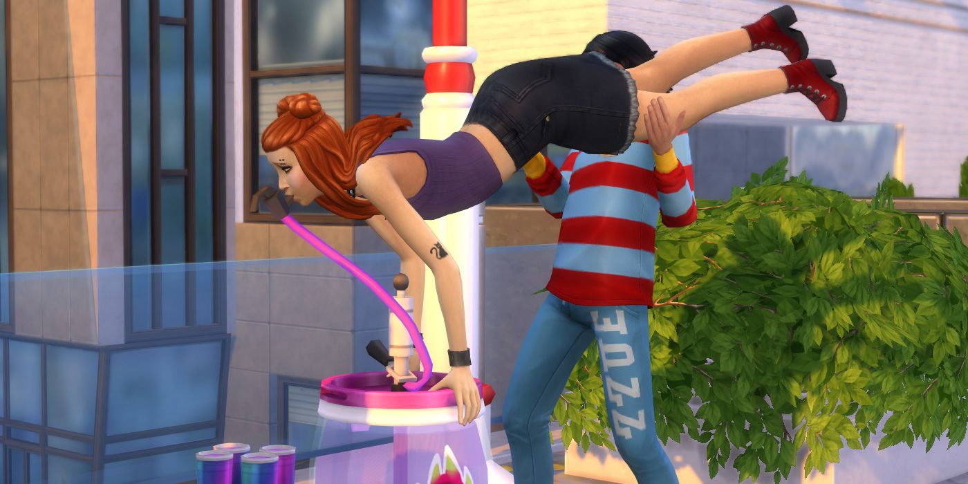 The Sims 4 Sim doing a keg challenge