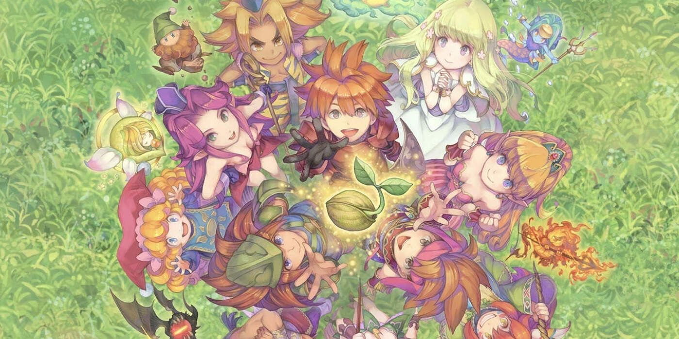 Collection of Mana promo shot of various characters with grassy field backdrop