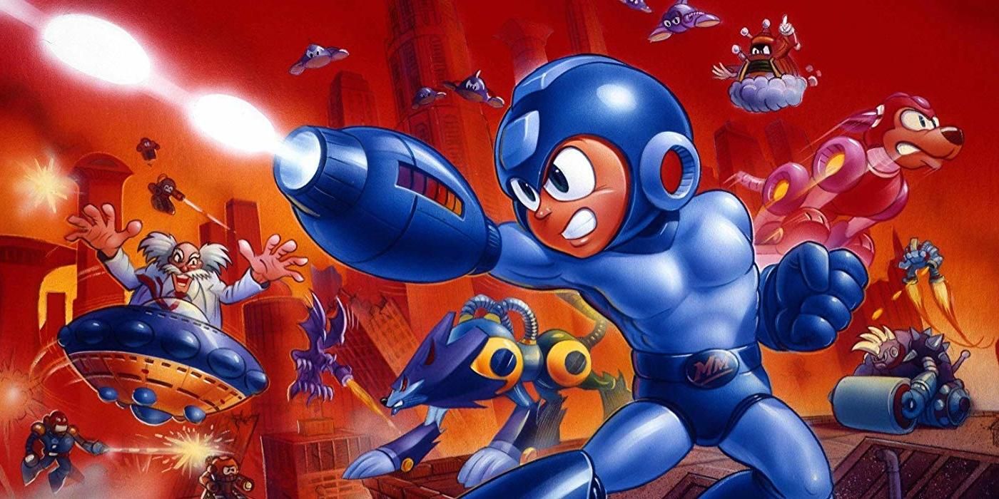 Mega Man 7 promotional image of Mega Man shooting