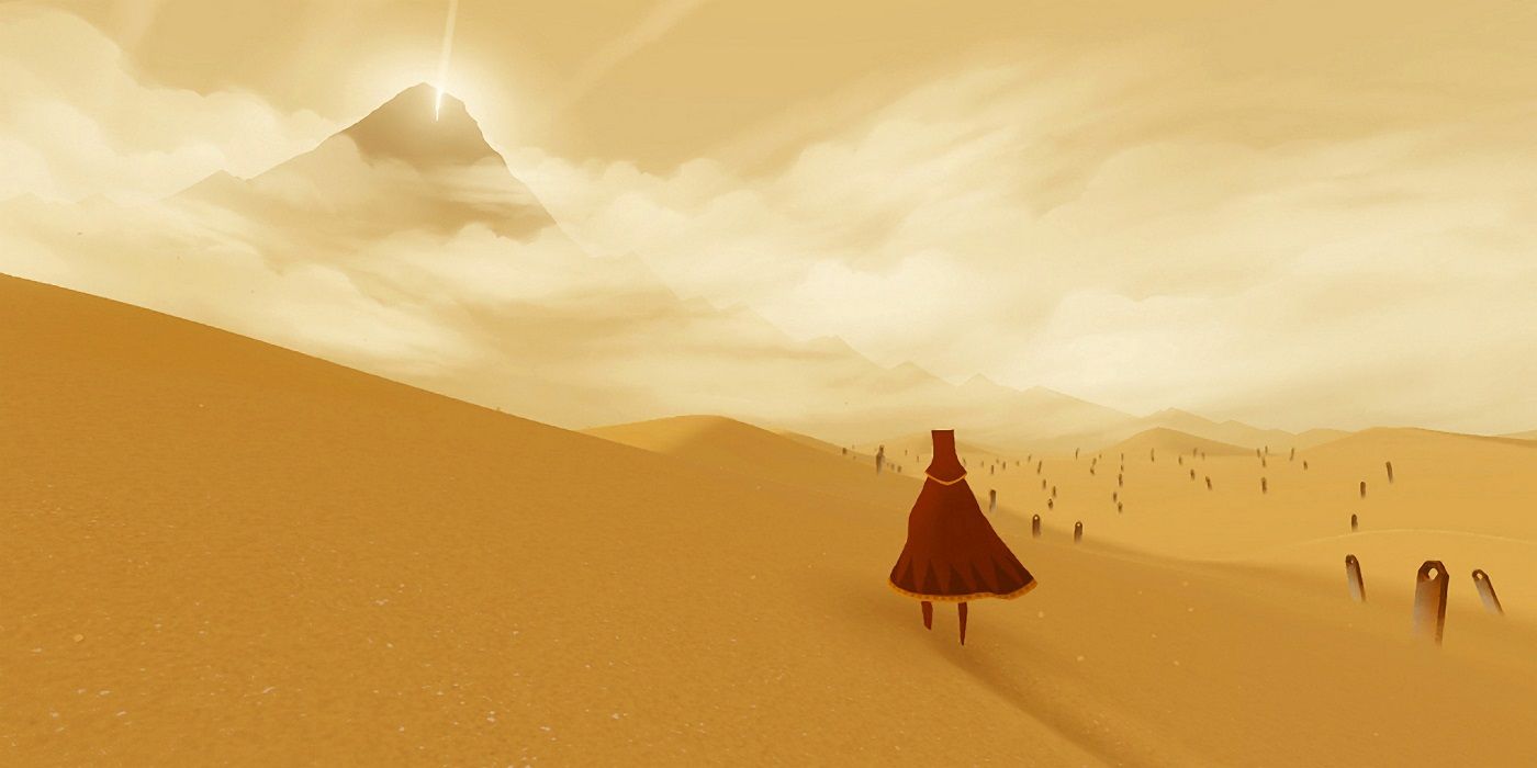 Character walking through desert towards a mountain