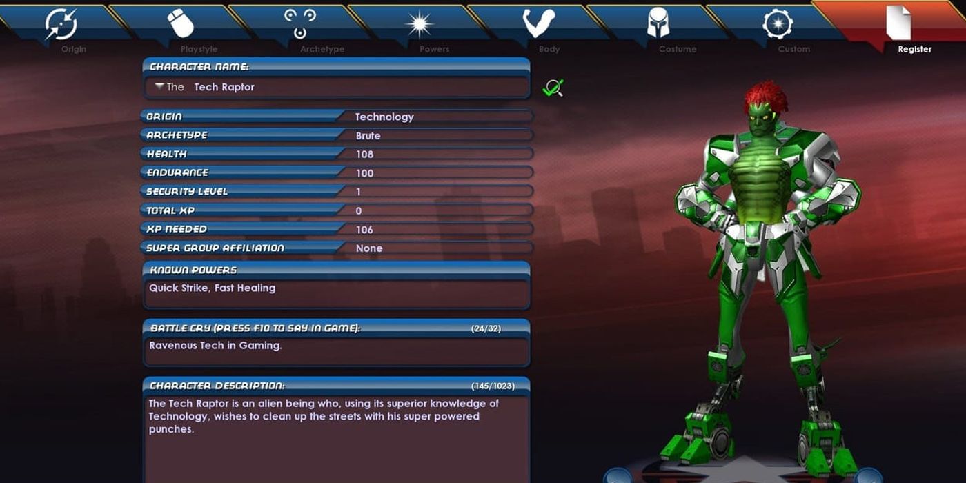 City of Heroes character creation screen