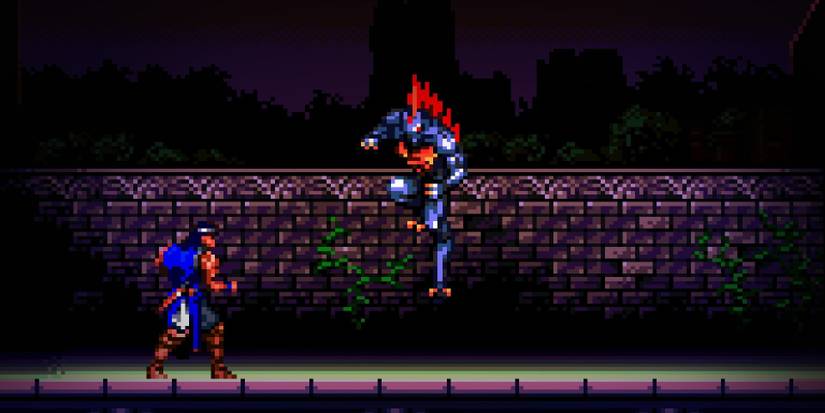 Red scaled monster leaping at fighter in Dracula X