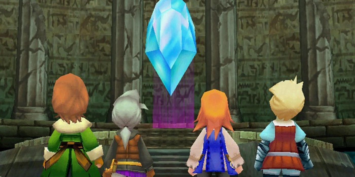 Final Fantasy III 3D version protagonists looking at crystal