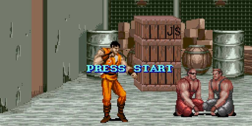 Final Fight Guy SNES startup screen Guy looking at two sitting foes
