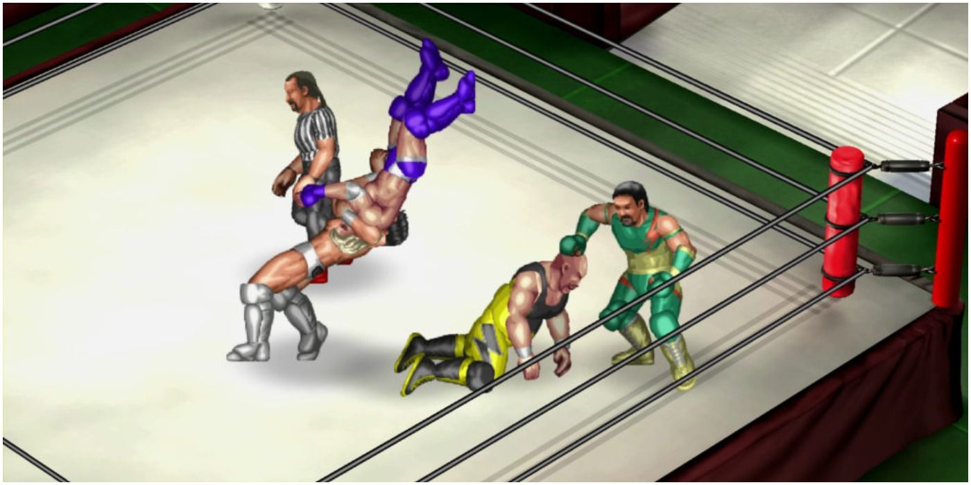 An intense tag match taking place in Fire Pro Returns