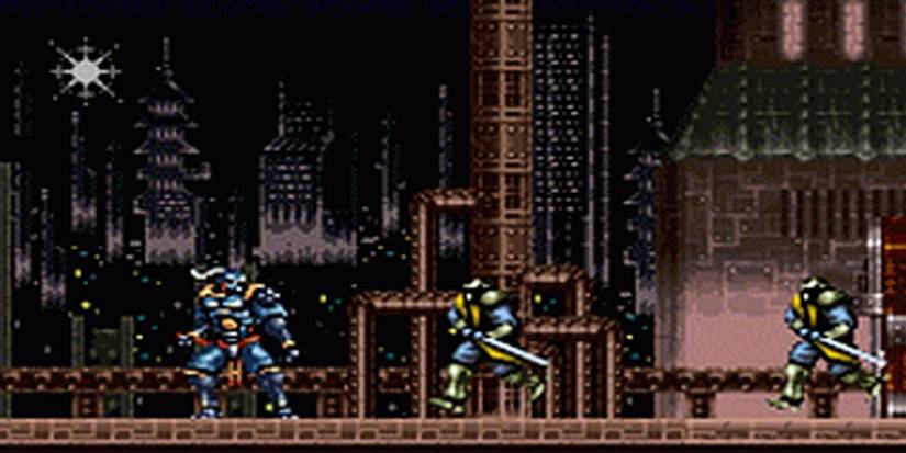 Hagane the Final Conflic SNES dark city street post cybog ninja fighting