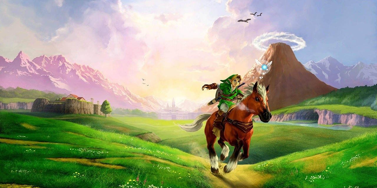 Link riding Epona promo art for N64 the Legend of Zelda: Ocarina of Time