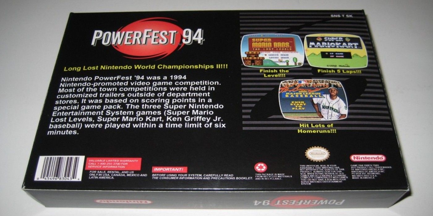 Nintendo Powerfest 94 back of cart with Super Mario All-stars, Super Mario Kart, Ken Griffey Baseball