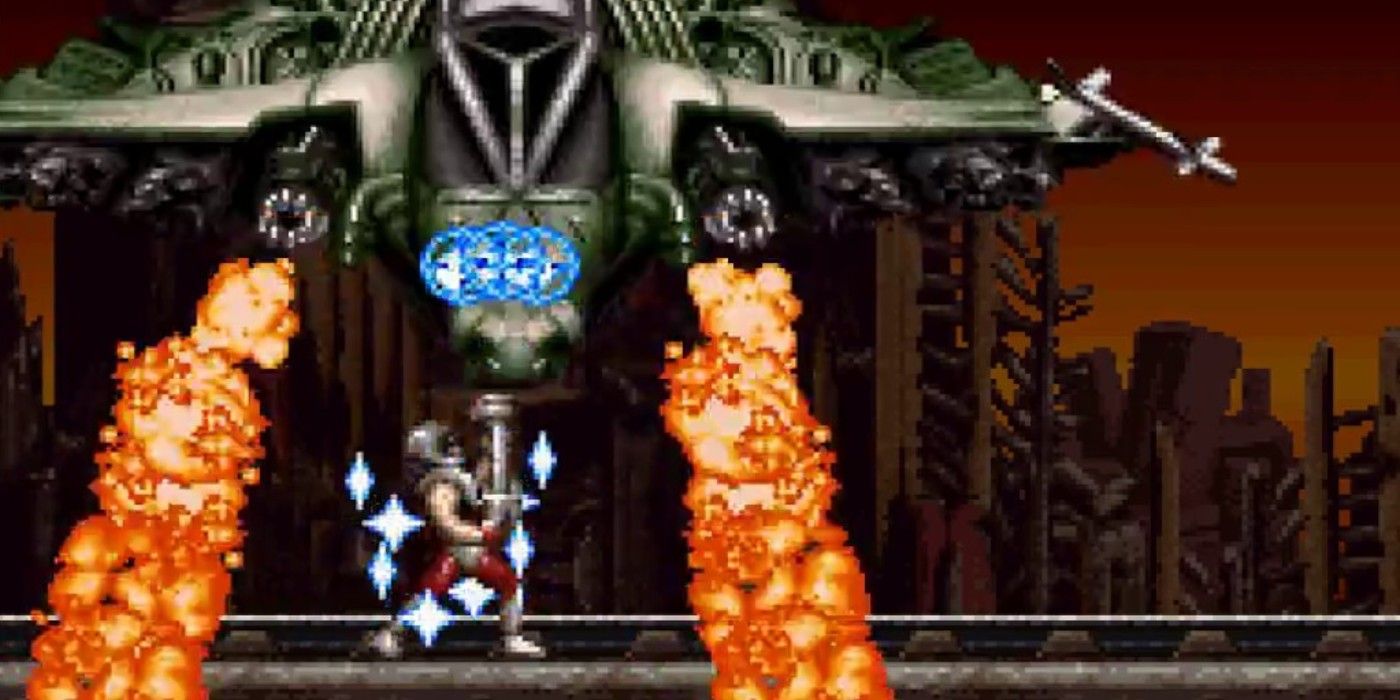 Rendering Ranger R2 SNES firing at flaming enemy ship