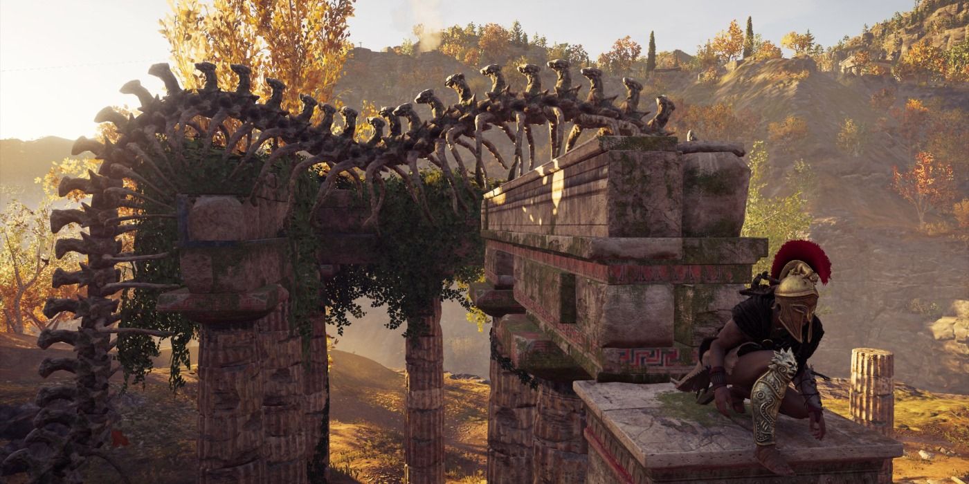 image of Kassandra standing in the Snake Temple ruin in Assassin's Creed Odyssey