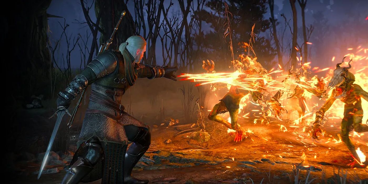 The Witcher 3: Geralt Using Axii To Fight Off Some Nekkers