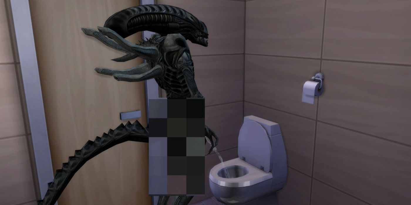 The Sims 4 xenomorph mod in the bathroom