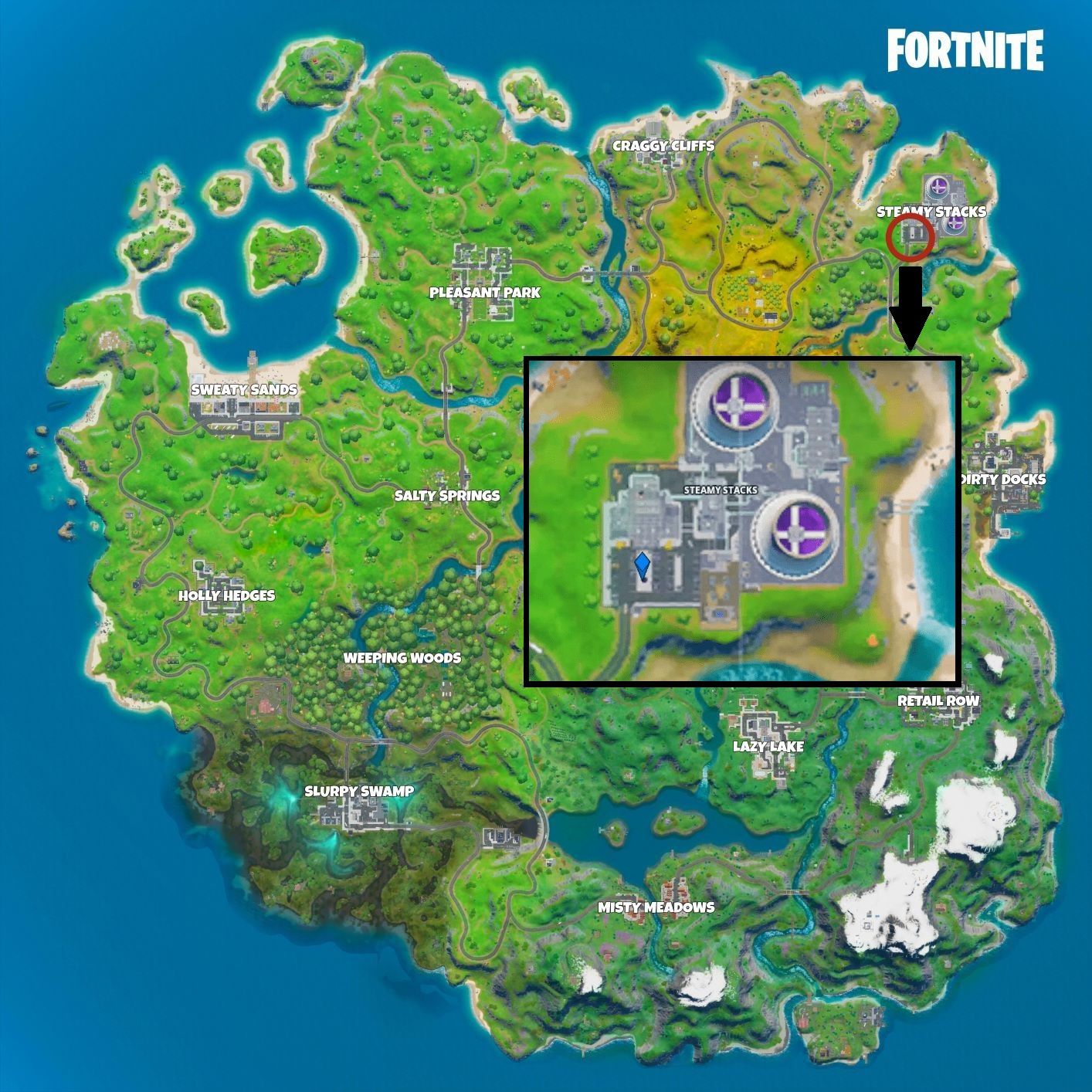 Where to Find the Fortnite Hidden XP Drop for the Chaos Rising Challenges Map of Steamy Stacks