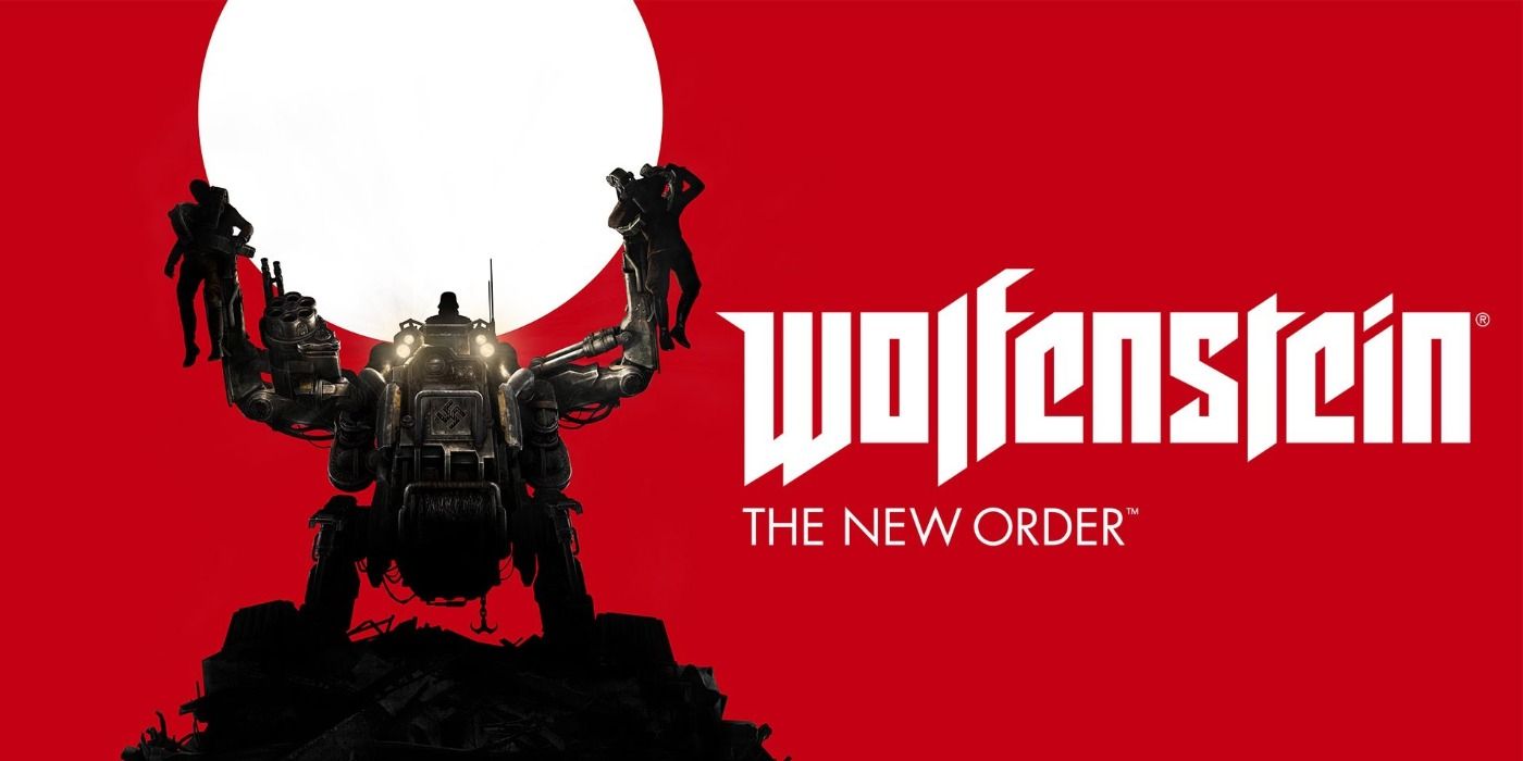 image of a robot holding up two men with text &quot;Wolfenstein The New Order&quot;