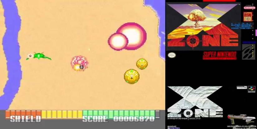 X Zone SNES split image of desert map and box art logo