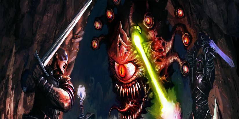 Dungeons and Dragons hero fighting beholder and hell knight