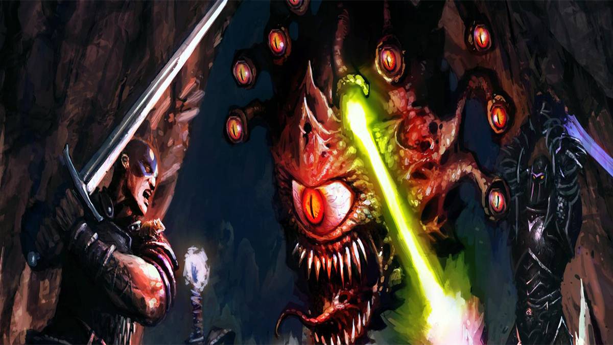 Dungeons and Dragons hero fighting beholder and hell knight