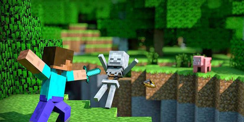 Minecraft gameplay striking a skelly falling into a pit with pig looking on