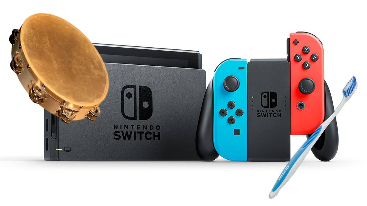 nintendo switch with tambourine and toothbrush