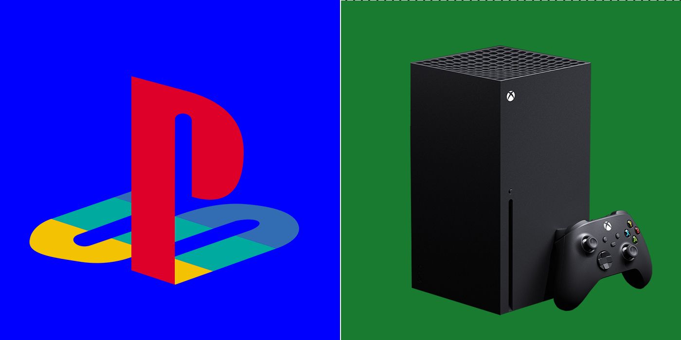 PlayStation logo next to Xbox Series X mixed background