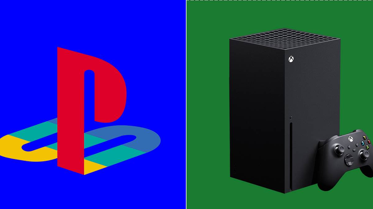 PlayStation logo next to Xbox Series X mixed background