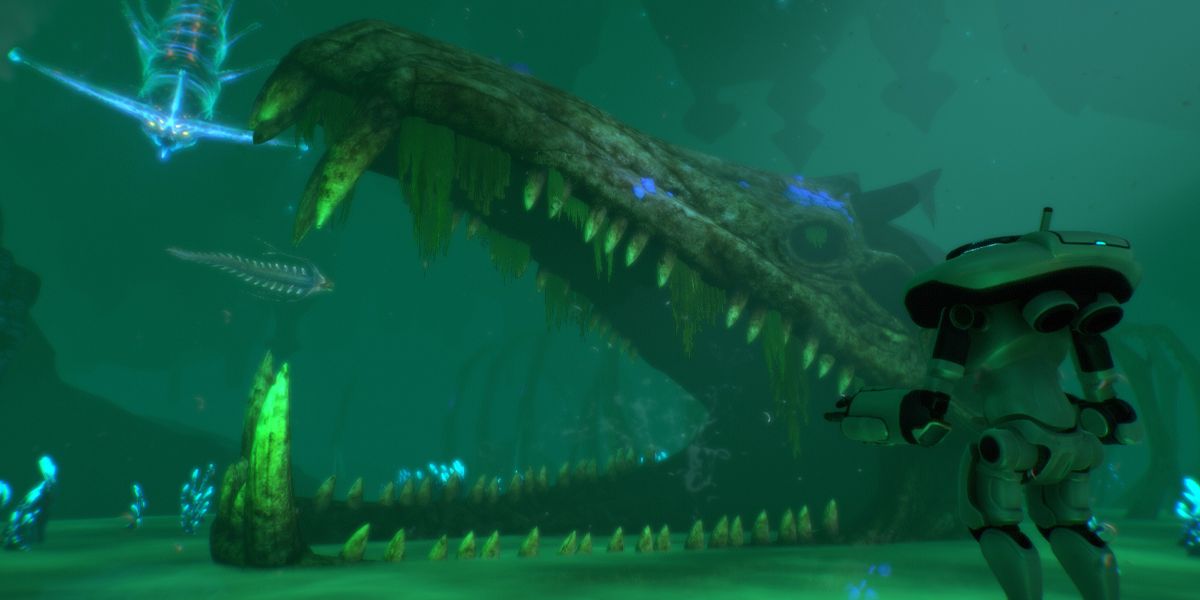 subnautica - underwater gameplay with numerous intimidating fish