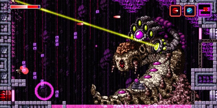 Axiom Verge fighting laser shooting monster boss battle