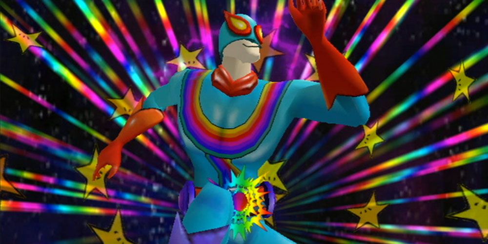 Teal suit hero running with rainbow star streaks in Captain Rainbow