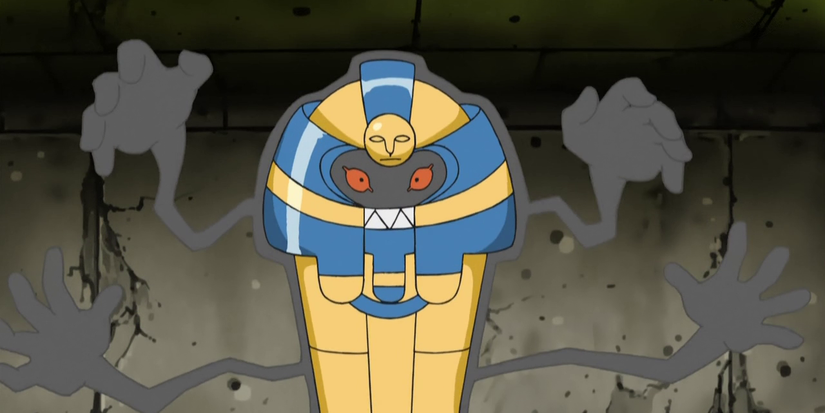 Cofagrigus Pokemon in dark dungeon area in Pokemon anime