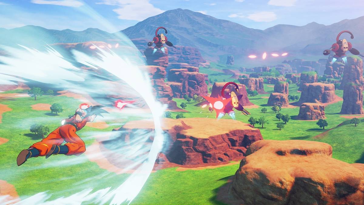 Goku flying at a robot in DBZ Kakarot