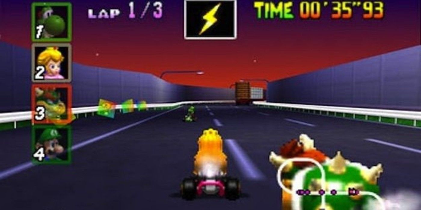 Peach getting lightning bolt driving in Mario Kart 64's Toad's Turnpike