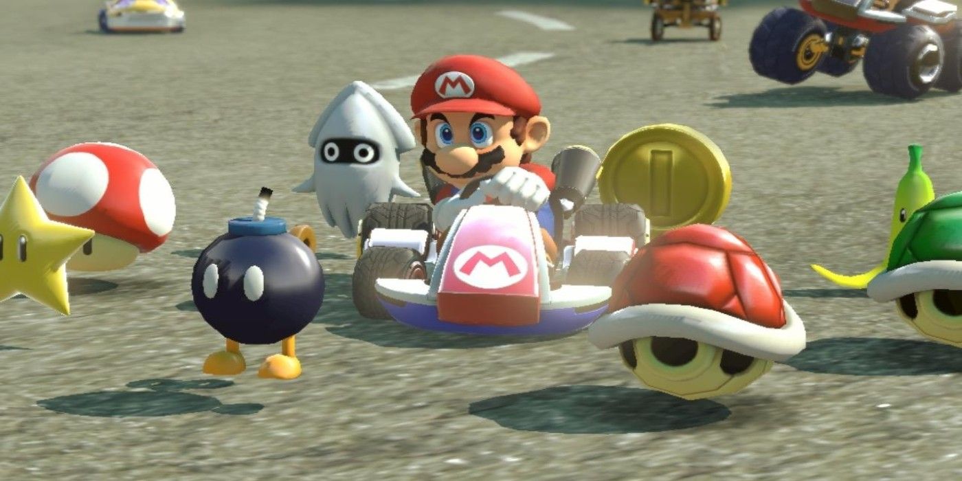 Mario Kart Crazy 8 Марио в своей машине, окруженной бомбами и снарядами