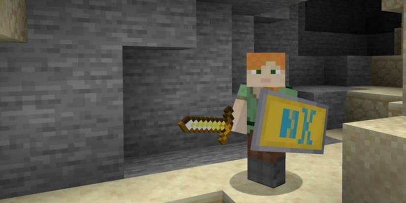minecraft alex with gold sword and a banner shield