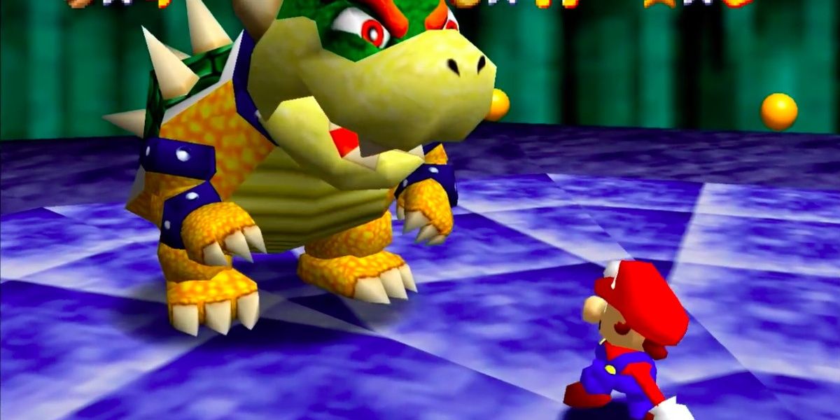 Mario facing off with Bowser in arena in Super Mario 64