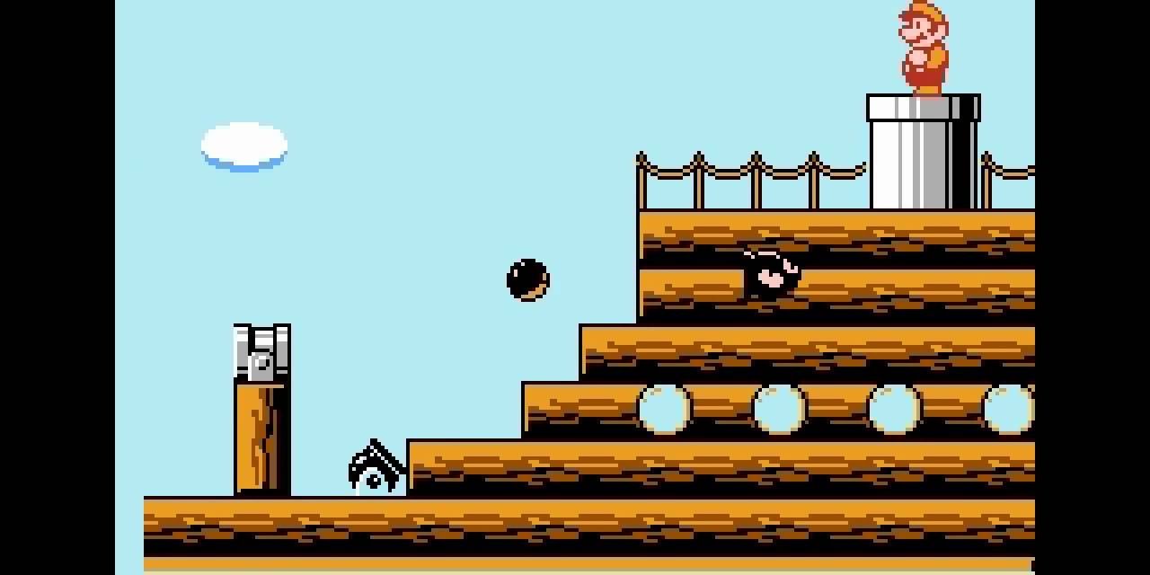 Mario at the end of a Koopa airship getting shot with cannons in Super Mario Bros 3