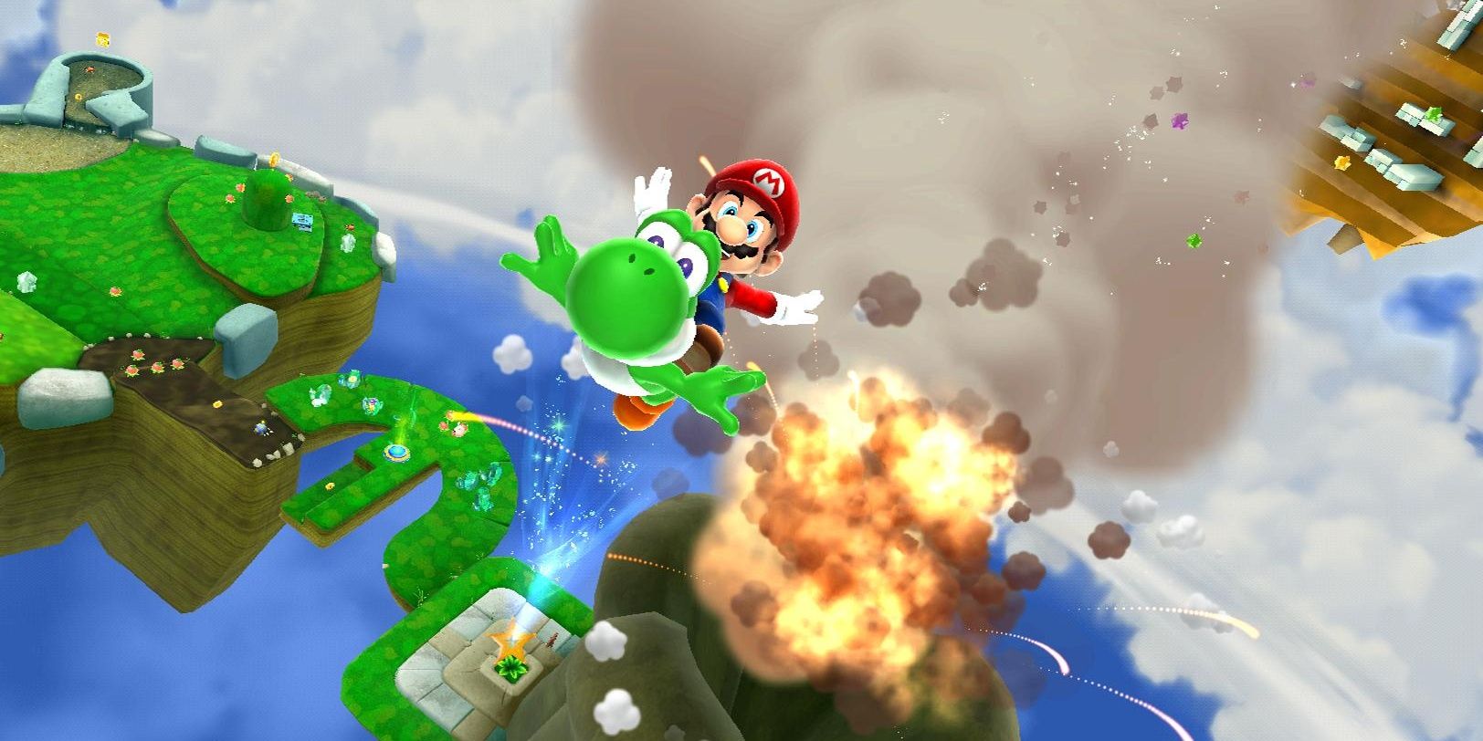 Mario and Yoshi blasting into orbit with explosion in Super Mario Galaxy 2