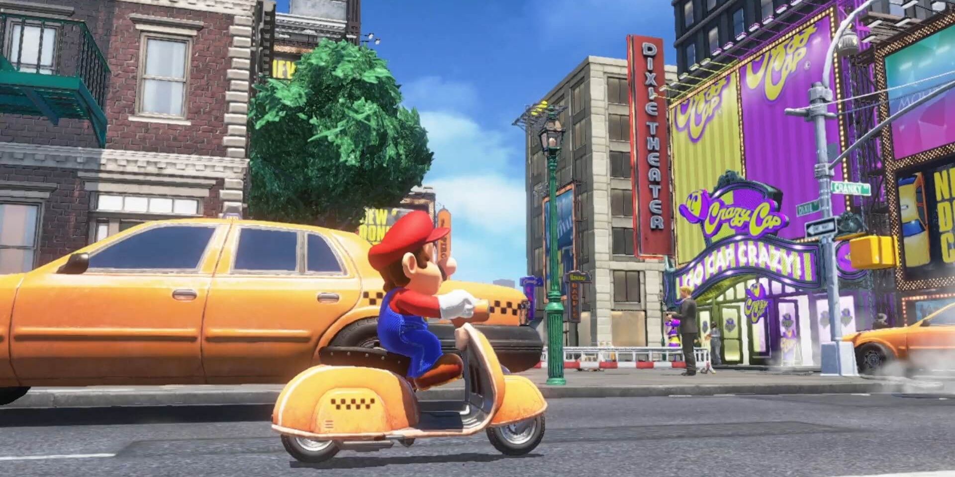 MArio riding a moped in Super Mario Odyssey's New Donk City