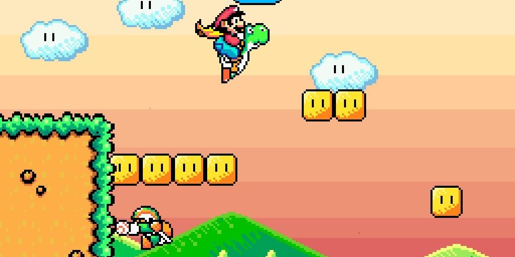 Mario and Yoshi hopping onto block with Koopa football player, sunset background in Super Mario World