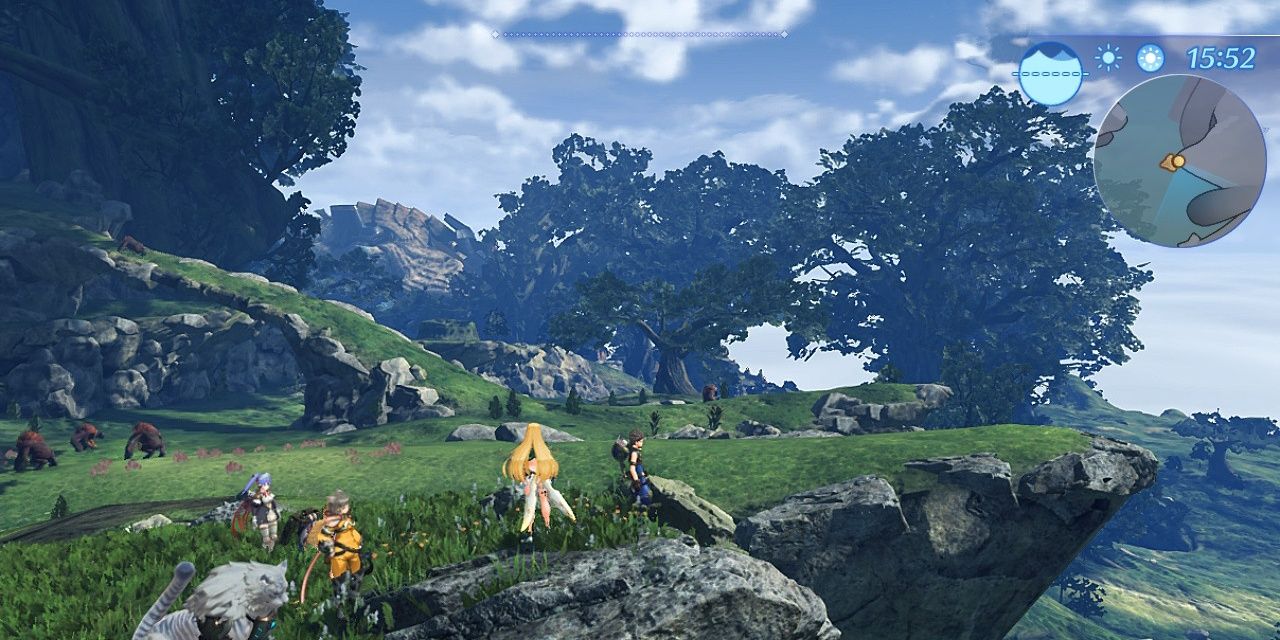 Heroes on grassy cliff with trees in Xenoblade Chronicles 2