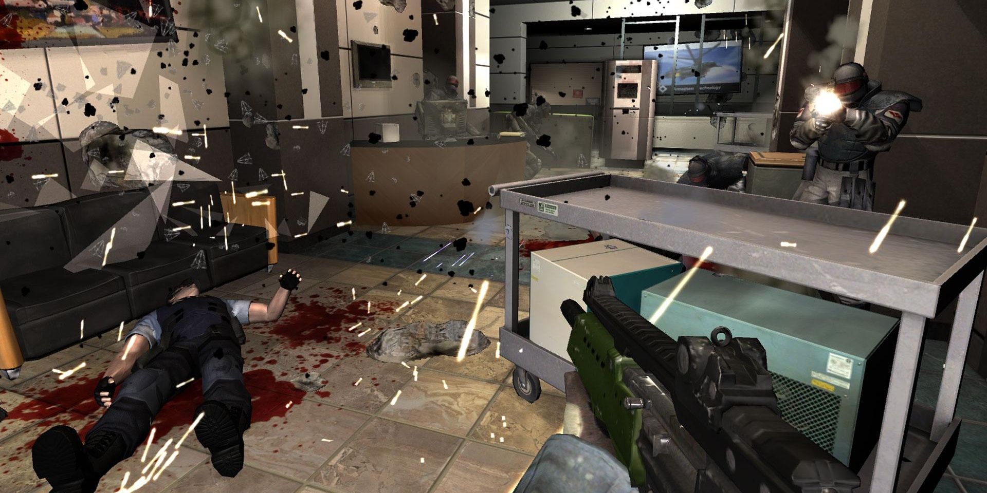 Enemies shooting at the player, a dead body is on the floor and glass is flying