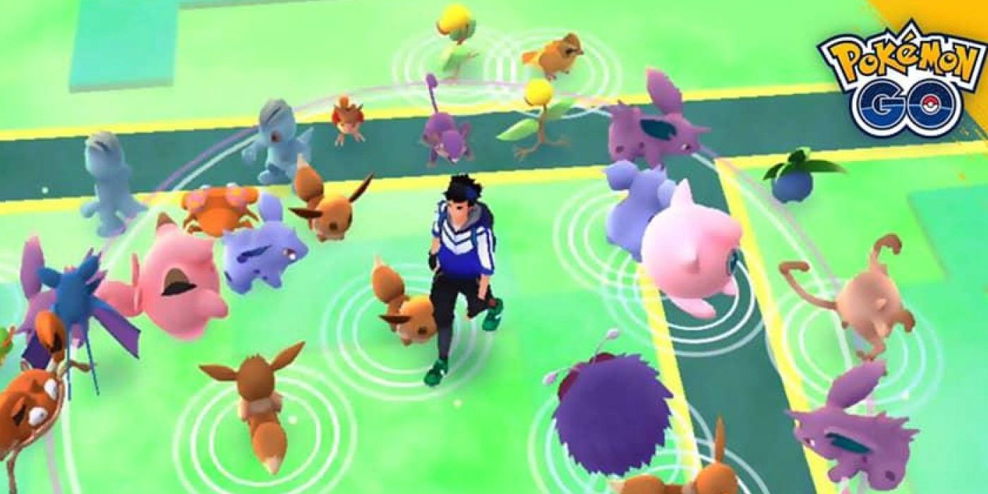 several pokemon spawn around a trainer in promo image