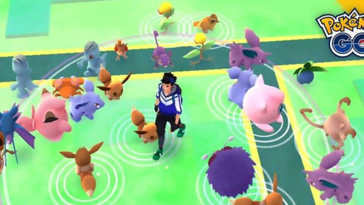 several pokemon spawn around a trainer in promo image